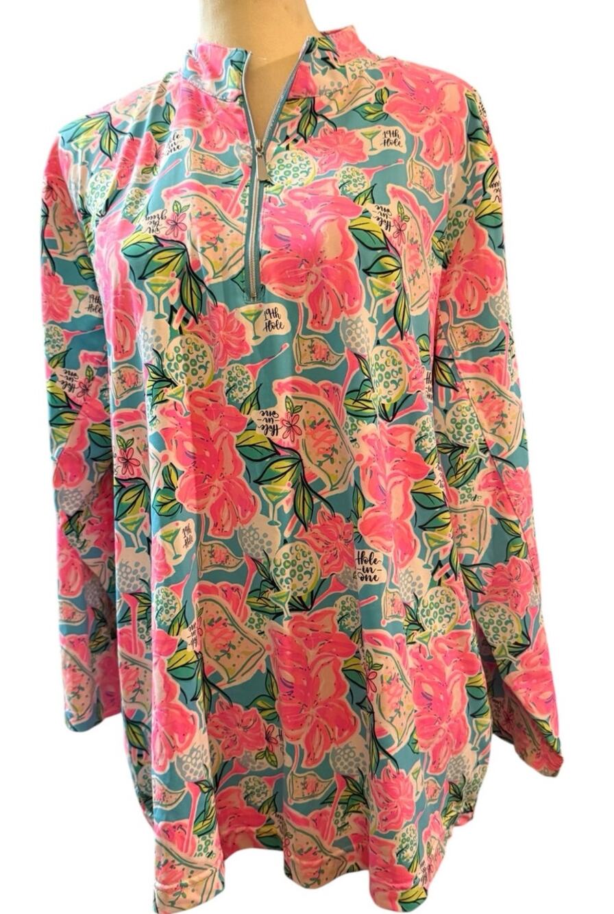 Lulu B  “Hole In One” Golf Quarter Zip Top, UPF 50+, Tropical, Plus Size 1X